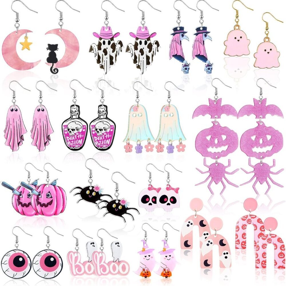 16 Pairs Halloween Earrings Bulk for Women Cute Gothic Ghost Pumpkin Bat Cat Ear
